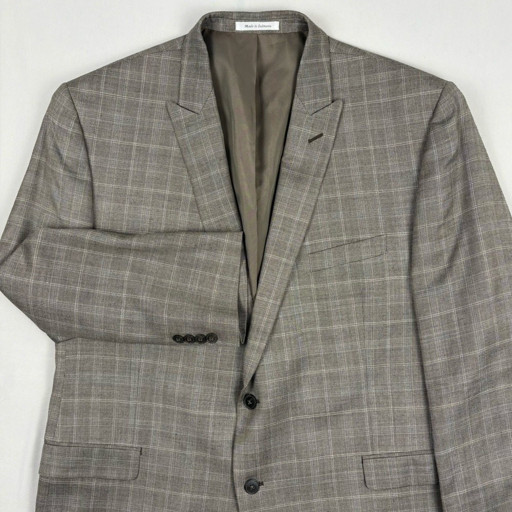 Calvin Klein Birdseye Silk/Wool Blend Sport Coat 48R Gray Tan Windowpane Plaid - Picture 1 of 15